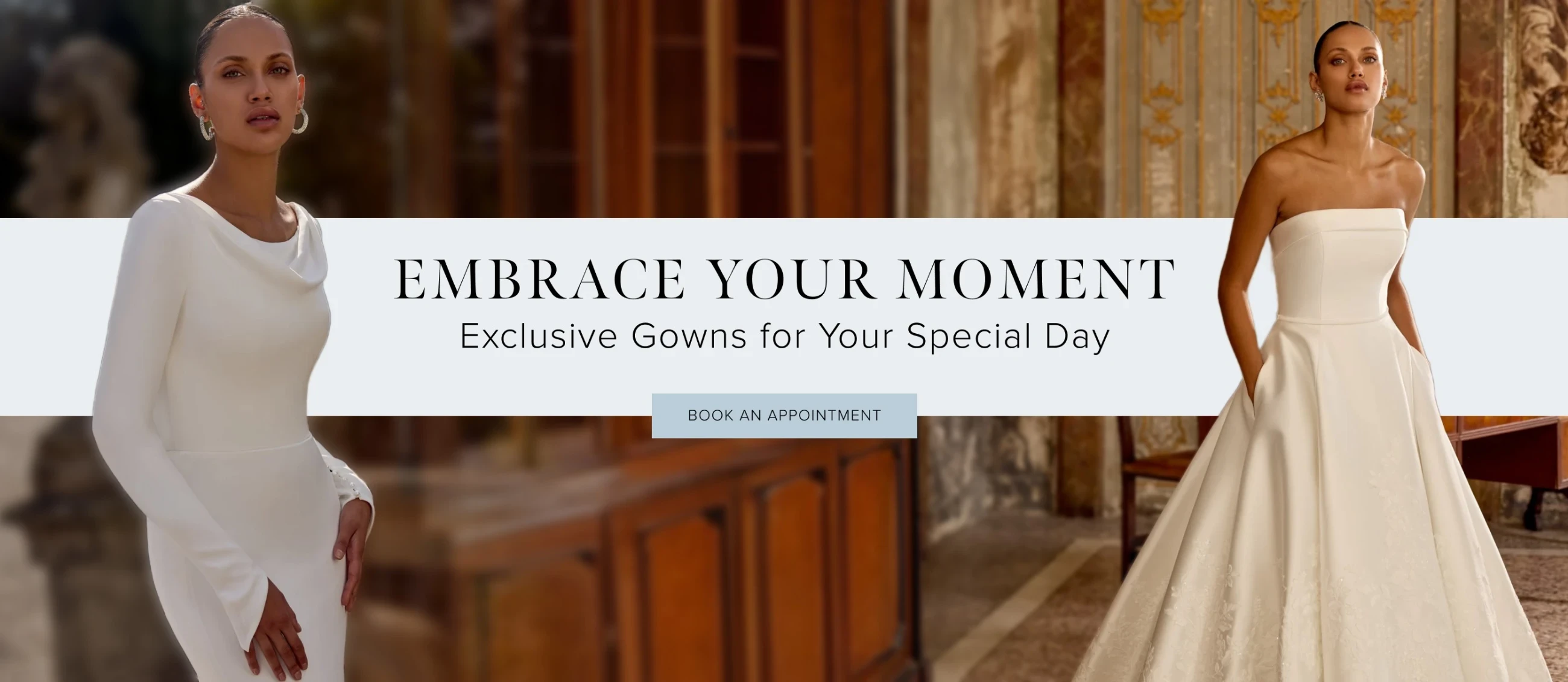 Models wearing Justin Alexander Kathleen and Kaydence bridal gowns, desktop banner