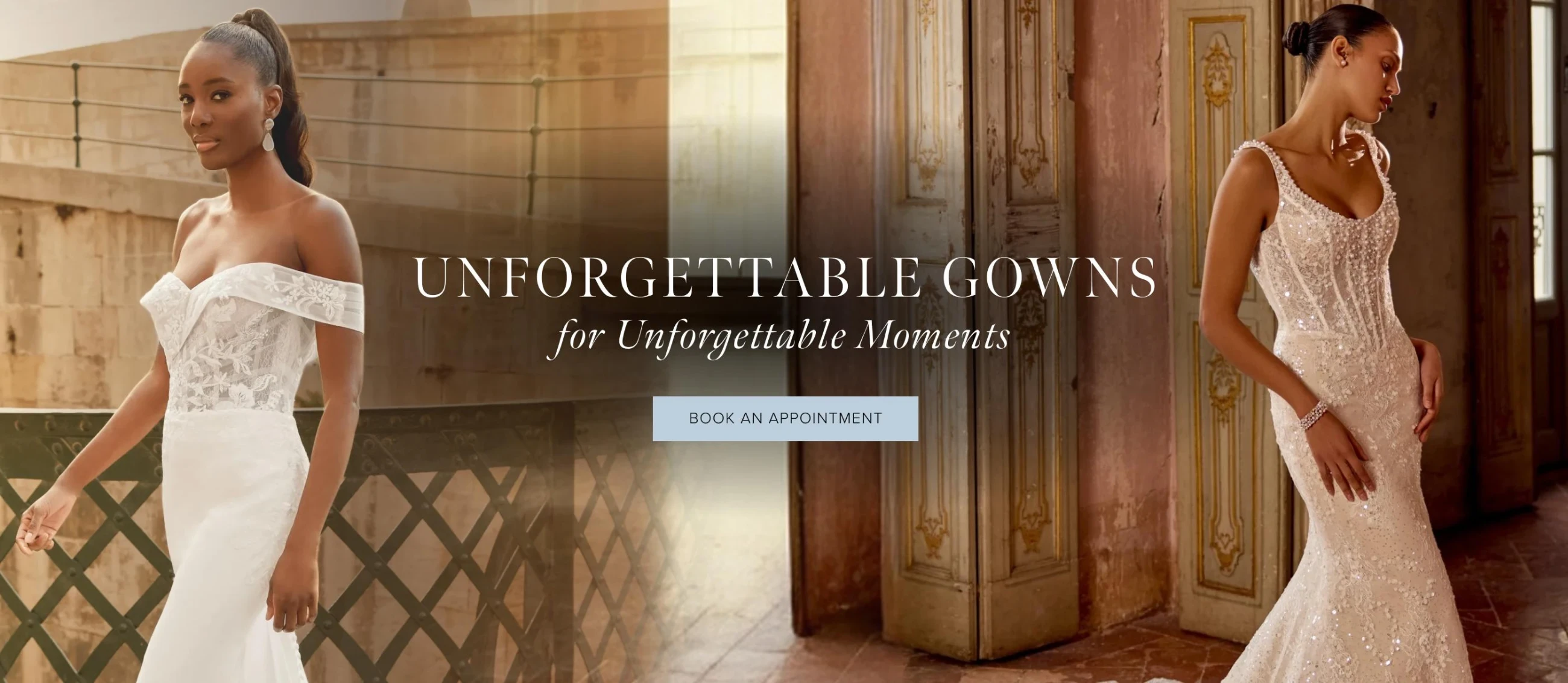 Models wearing Justin Alexander Kylie and Justin Alexander Sincerity 44498 bridal gowns, desktop banner