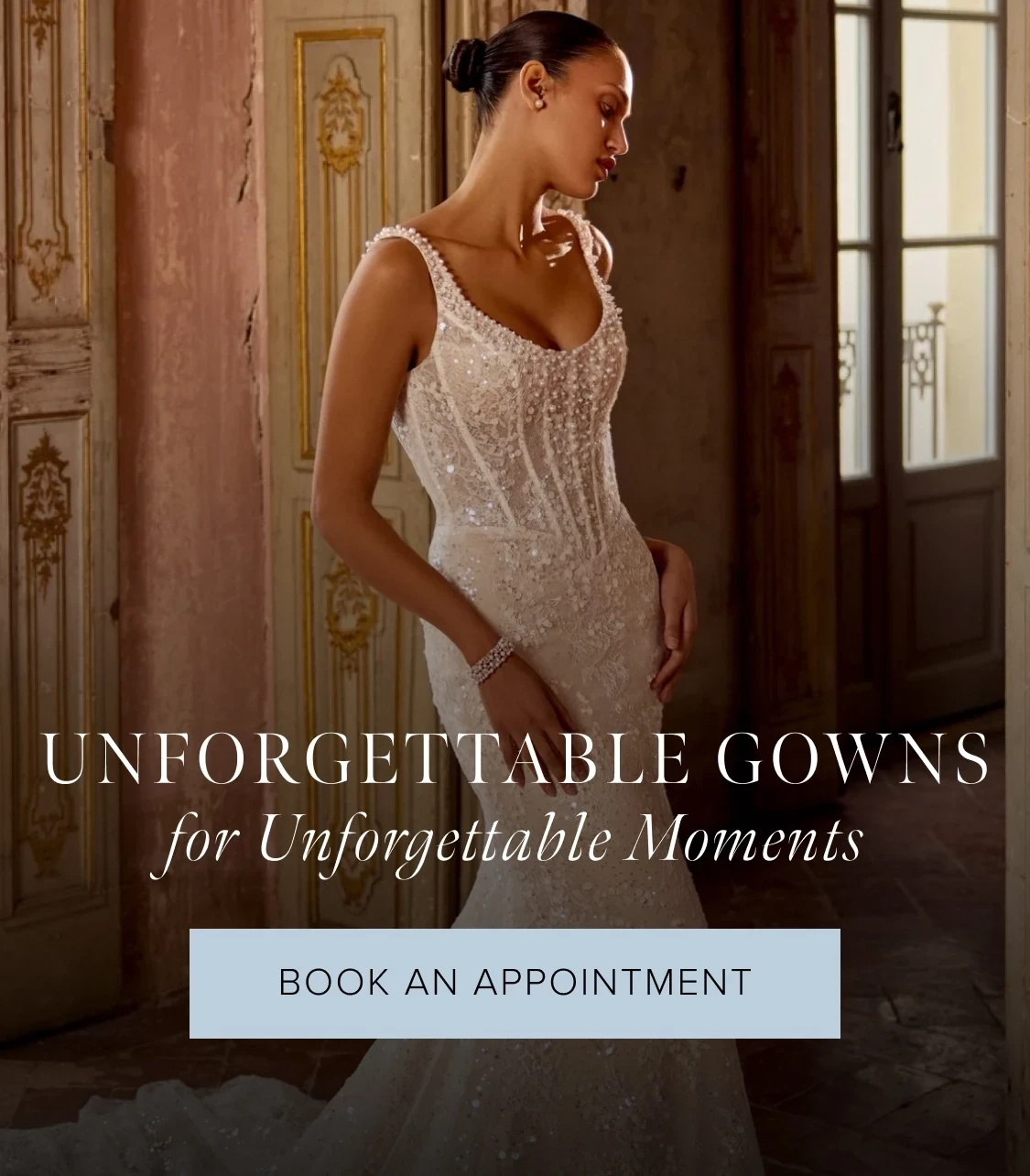 Model wearing Justin Alexander Kylie bridal gown, mobile banner