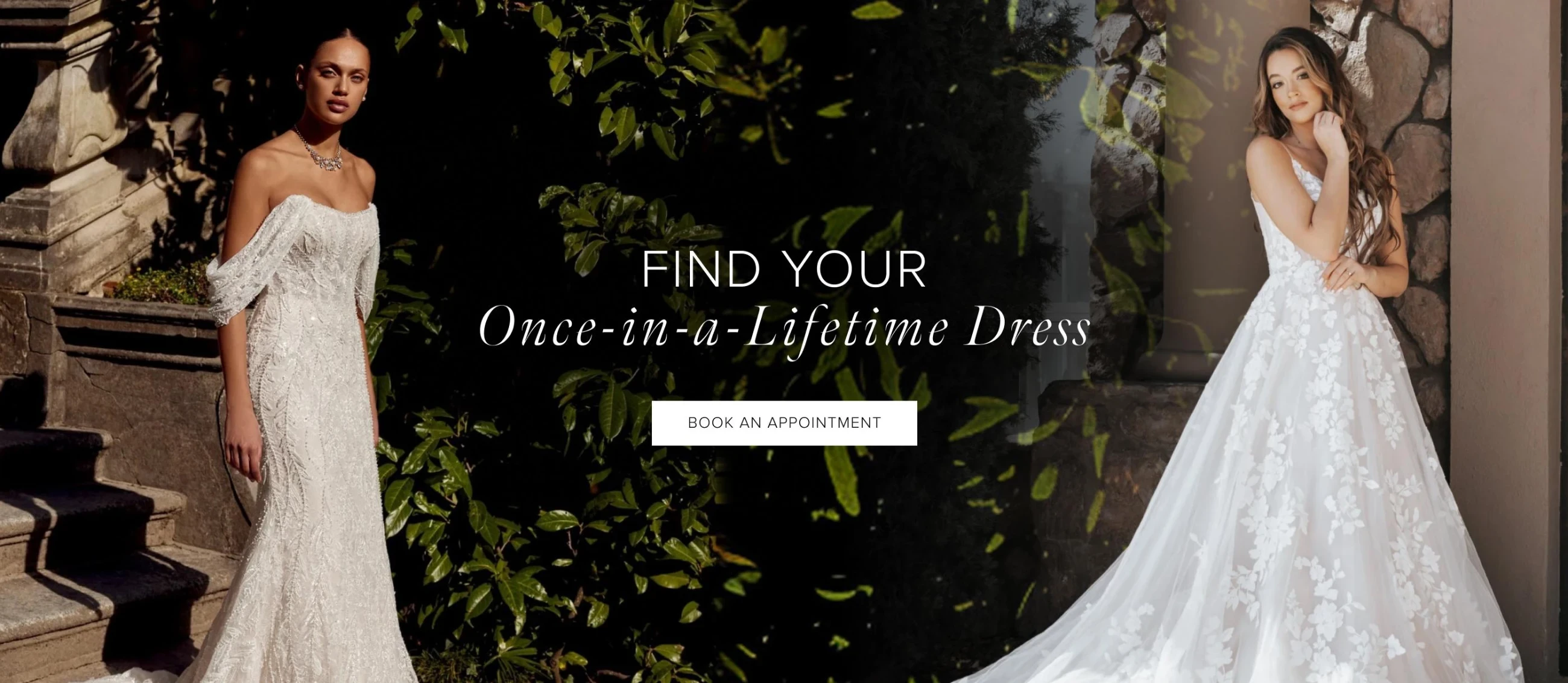 Models wearing Justin Alexander Krista and Essense of Australia D3771 bridal gowns, desktop banner