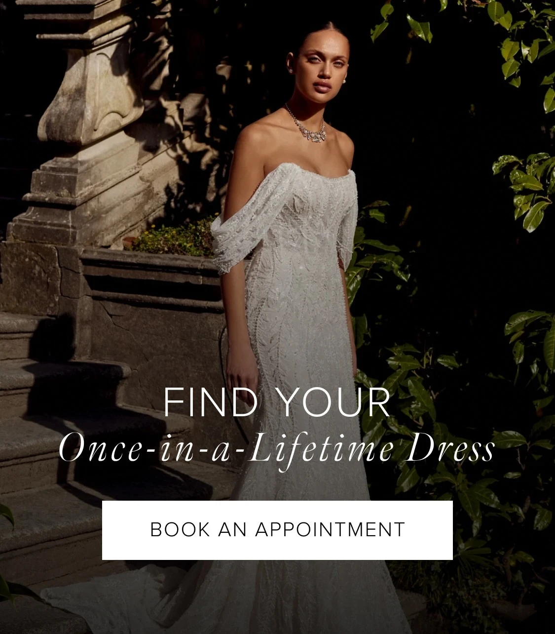 Model wearing Justin Alexander Krista bridal gown, mobile banner